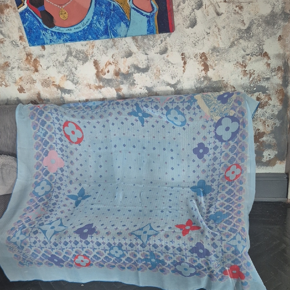 Louis Vuitton Logo Blue and Red Floral Scarf/ Shawl 52"x53"